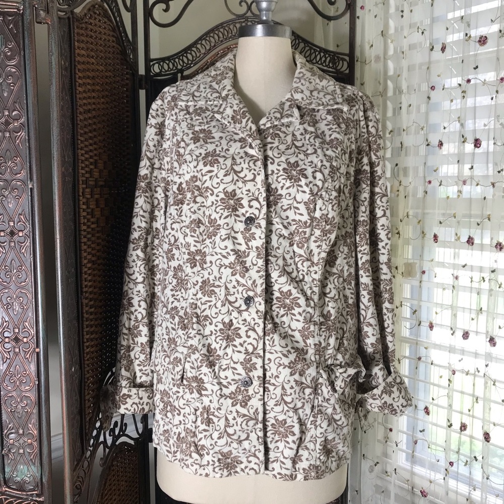 CJ Banks Cream Floral Button-Front Jean Jacket with Brown Print